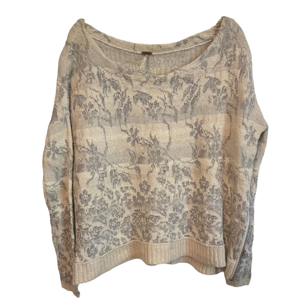 Free People Floral Side Zipper Grey White Knit Sweater Floral Stripes Small